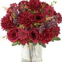 Dremisland Artificial Flowers 2 Bundles Burgundy Fake Roses Silk Bouquets with Daisy Chrysanthemum Artificial Faux Flowers Floral Arrangements for Valentines Day Wedding Table Centerpiece Party Decor