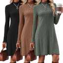 3 Pack Women's Long Sleeve Sweater Dresses Ribbed Knit Lettuce Trim Mock Turtleneck Short Casual Slim Fit Dresses M