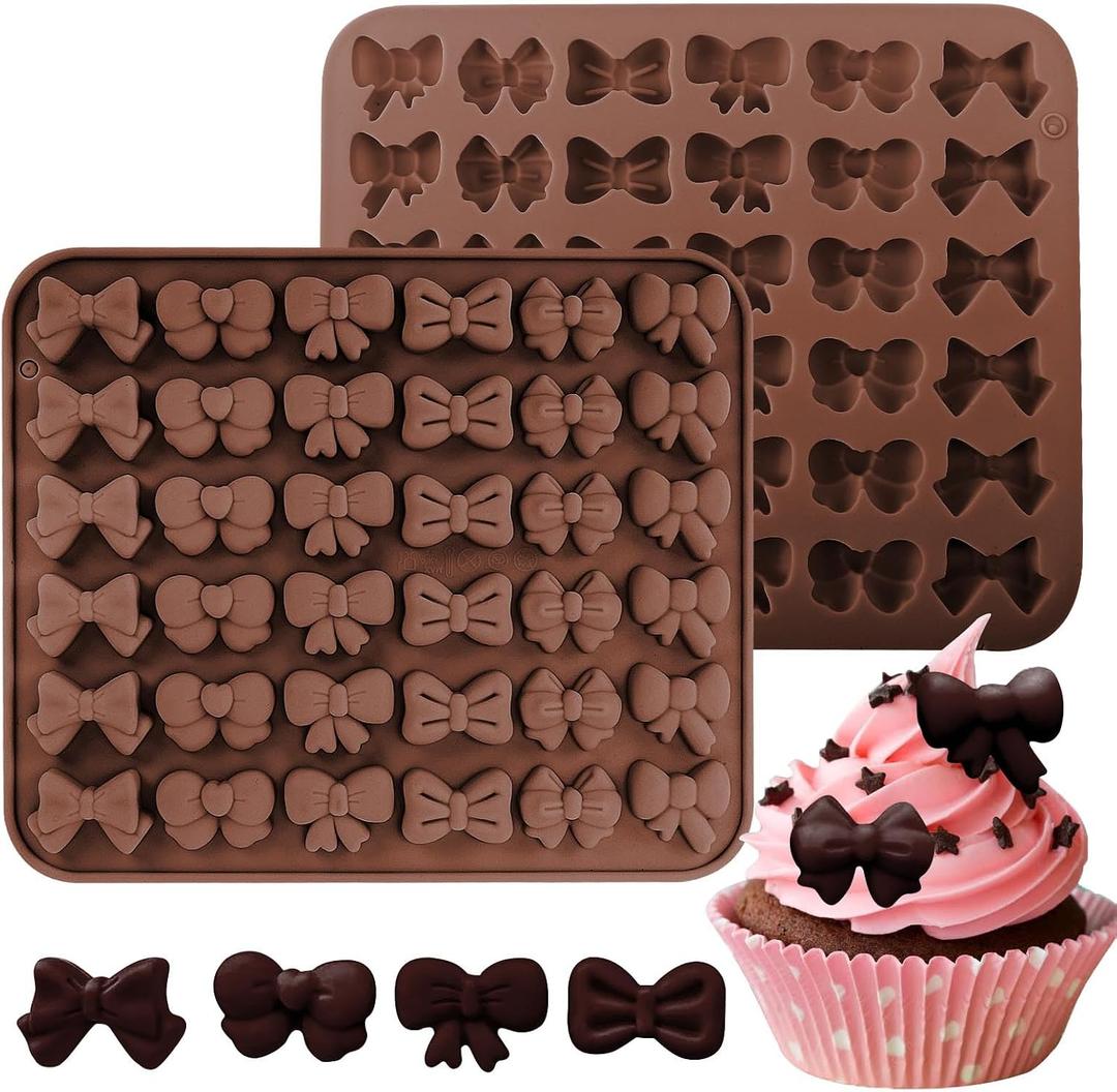 Mini Bow Candy Floral Silicone Molds 2PCS, Chocolate Moulds with Butterfly-Bow in 6 Different Shape Jello Design, 36 Cavity Ice Mold Pudding Molds for Cake Desserts Making, Cupcake Toppers