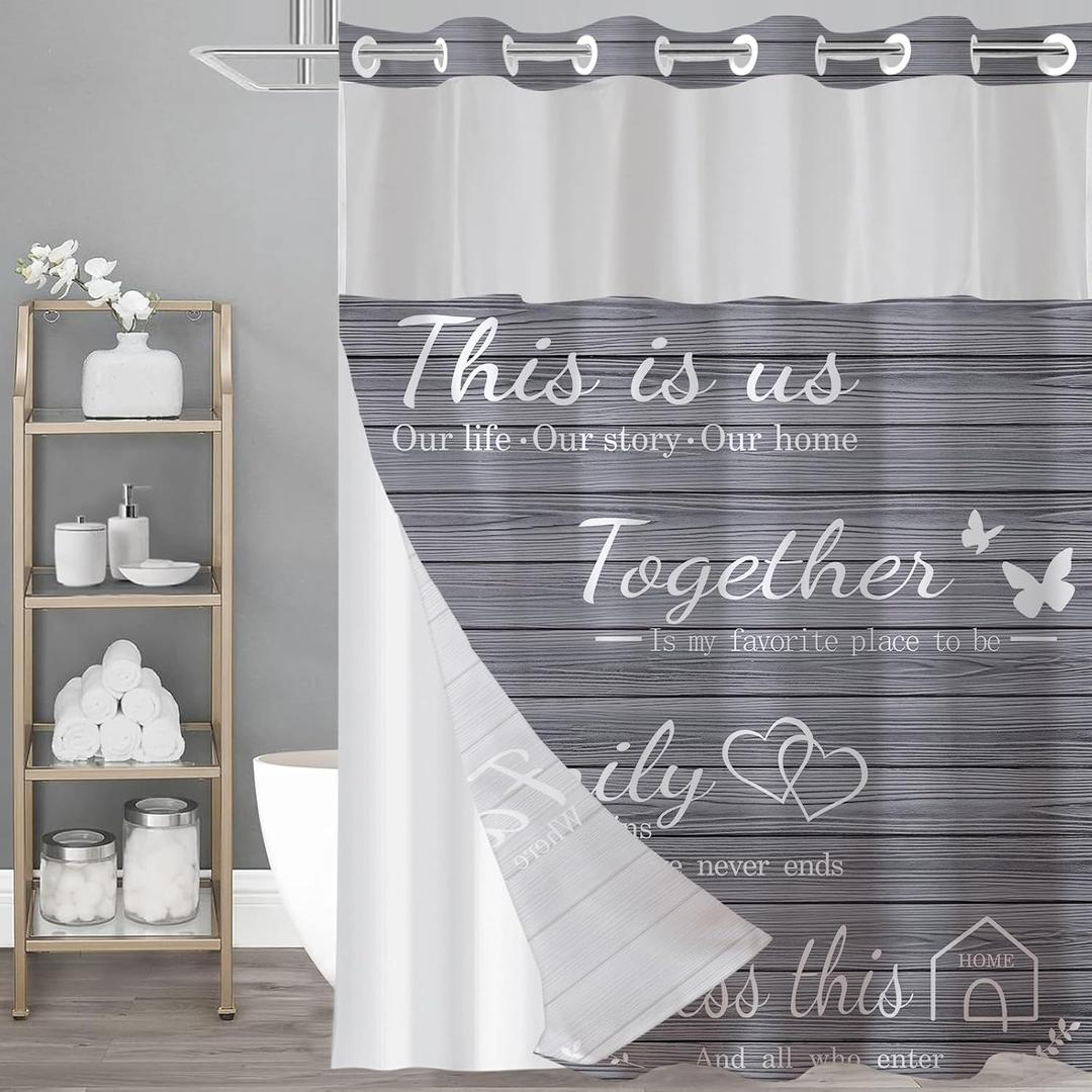 No Hook Grey Family Shower Curtain with Snap-in Polyester Liner Set, Family Shower Curtain for Bathroom, See Through Top Bath Curtain, Waterproof & Machine Washable, 72 x 75 Inch