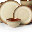 Pokini Ceramic Dishes Set, 9 Piece Stoneware Dinnerware Sets, Chip and Scratch Resistant, Easy to Stack & Clean, Modern Rustic Look, Brown Yellow