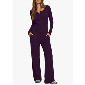 Darong Womens 2 Piece Matching Lounge Sets 2026 Long Sleeve Henley Shirts Wide Leg Pants Airport Travel Outfits L