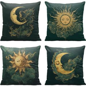 Sun Moon Pillow Covers 18x18 Inch Set of 4, Clouds Green Abstract Art Vintage Decorative Throw Pillow Cases Holiday Decorations for Sofa Couch Farmhouse Home
