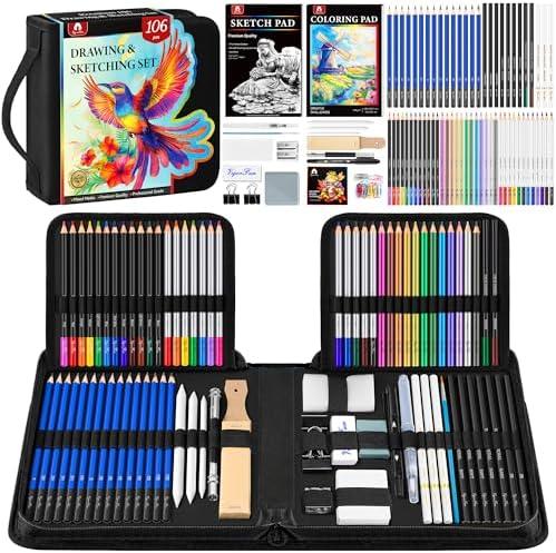 106 PCS Art Supplies Sketching Kit, Pro Drawing Pencils with 3-Color Sketchbook, Coloring Book, Colored Graphite Charcoal Watercolor & Metallic Pencils, Drawing Supplies Gifts for Artists Adults Kids