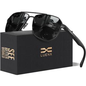 LUENX Aviator Sunglasses for Men Square Polarized Polygon Lens - UV 400 Protection with Accessories Driving Outdoor (Dark Grey Silver)