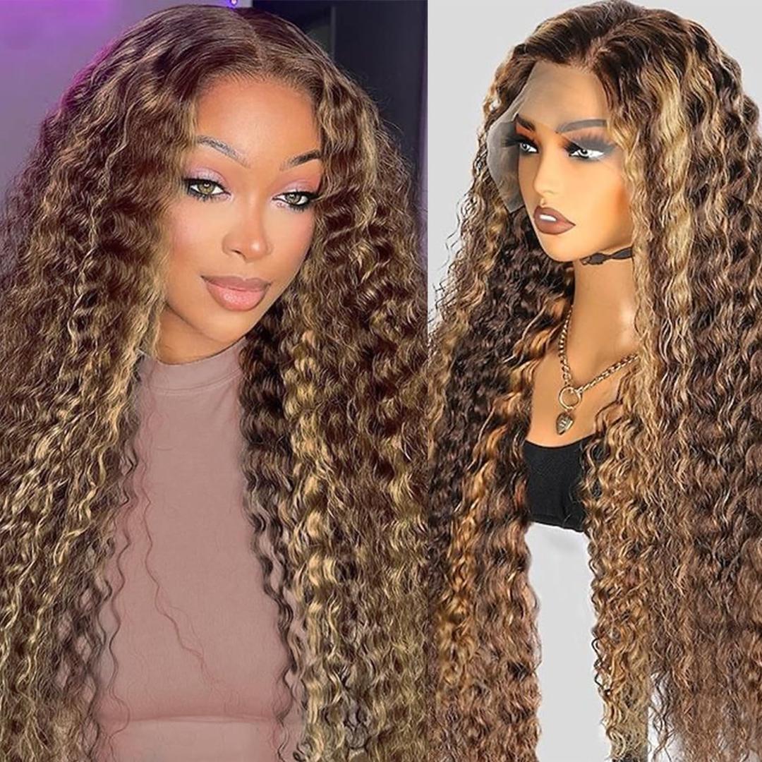 4P27 Deep Wave Wigs Human Hair Lace Front Brown to Strawberry Blonde 13x6 HD Transparent Curly Real Human Hair 180% Density Pre Plucked Glueless Lace Frontal Wig for Women Natural Hairline 24 Inch