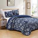 Luxury Home Collection 3 Piece King/California King Quilted Reversible Coverlet Bedspread Set Floral Printed Navy Blue White Gray