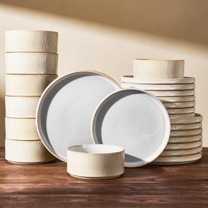 Stoneware Dinnerware Sets, Reactive Glaze Dishes Set for 8 | 24-Piece Ceramic Plates and Bowls Set, Microwave & Dishwasher Safe, Chip & Scratch Resistant, Modern Rustic, Cappuccino White