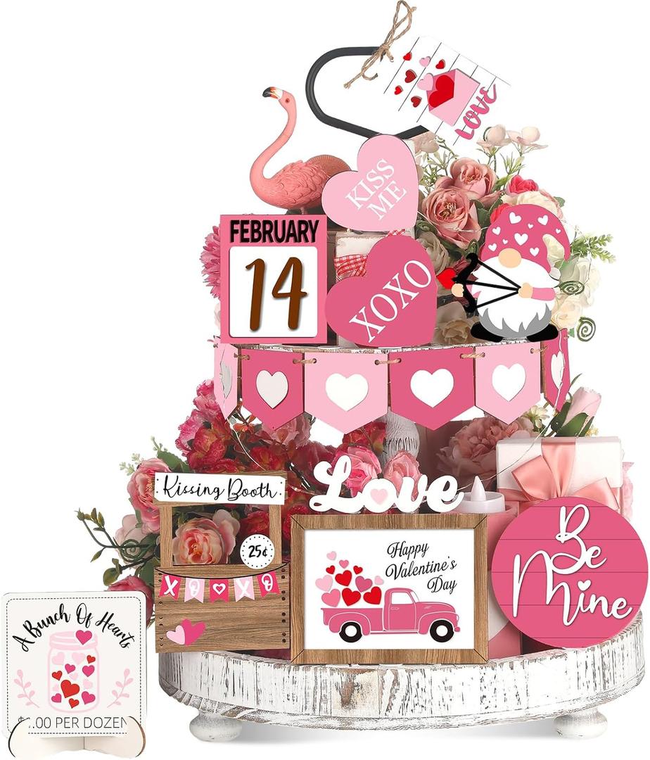 Pickmesh 21 Pcs Valentine Tiered Tray Decor Set Valentine Table Decorations Conversation Heart Wooden Decoration Farmhouse Valentines Day Decorations Heart Wooden Signs for Home(Elegant)