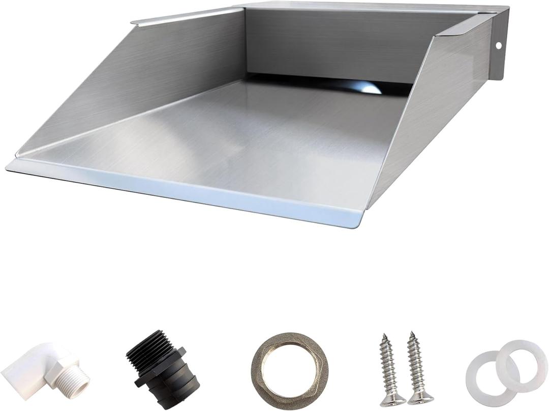 304 Stainless Steel Pool Waterfall Flow Element Kit, Waterfall Spillway Accessories, Inlet, DIY Garden Fountain, Suitable for Garden, Patio, Terrace, Pond, Balcony, Silver (15.7 IN(with inlet))