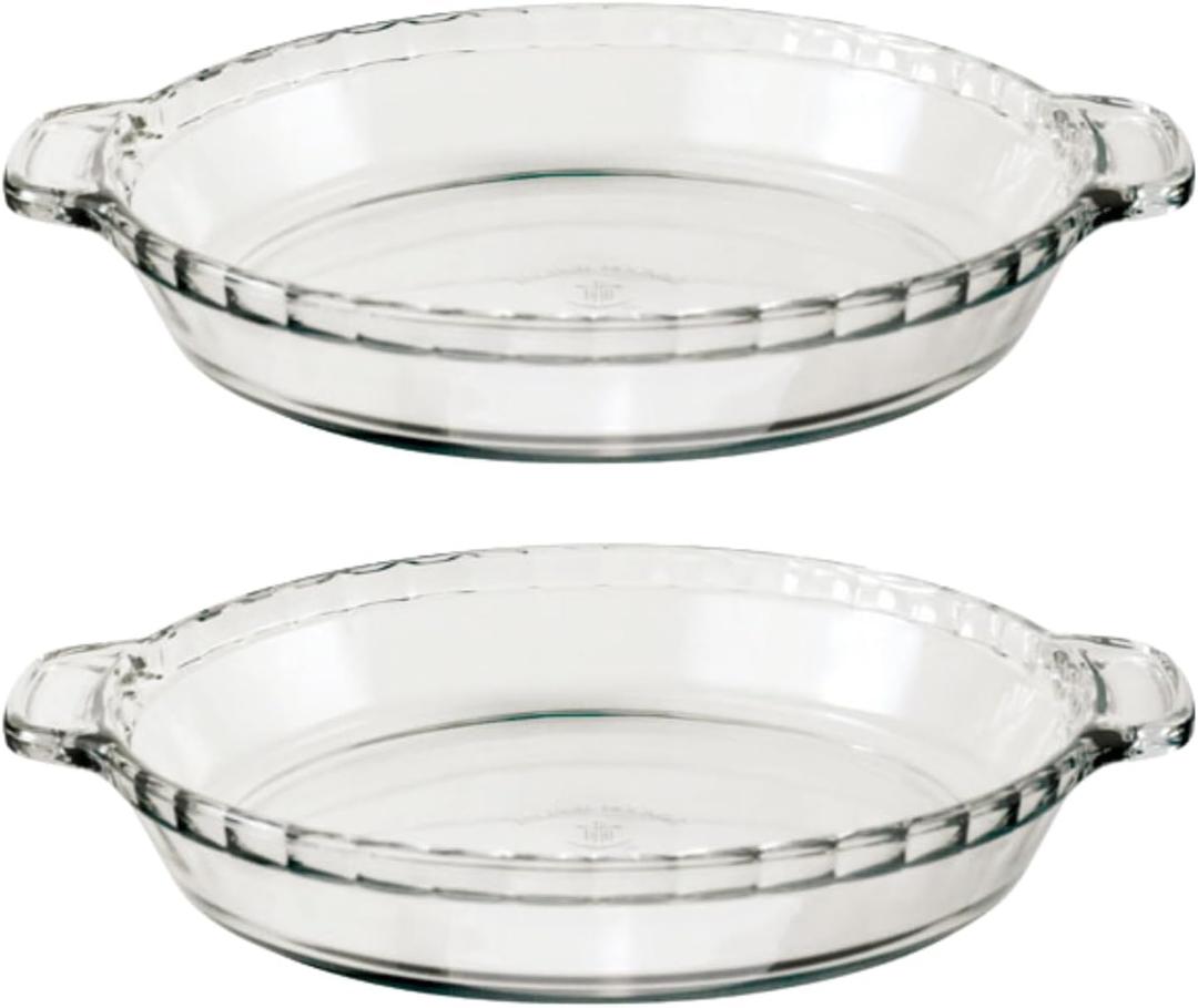 Anchor Hocking 2 Pack 9.5 Inch Glass Pie Plates Classic Bakeware for Pies, Quiches, and Tarts Oven Safe, Dishwasher Safe, Made in USA