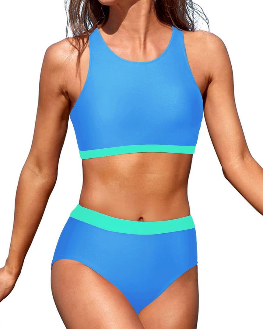 Tempt Me Women High Waisted Bikini Two Piece Swimsuits High Neck Crop Top Racerback Sporty Bathing Suits for Teen Girls (X-Small, Blue Green)