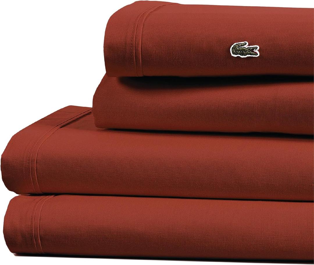 Lacoste 100% Cotton Percale 4-Piece Sheet Set  Cool, Crisp, Matte, and Durable, Oeko-Tex Certified  Solid, Chili Pepper, Queen