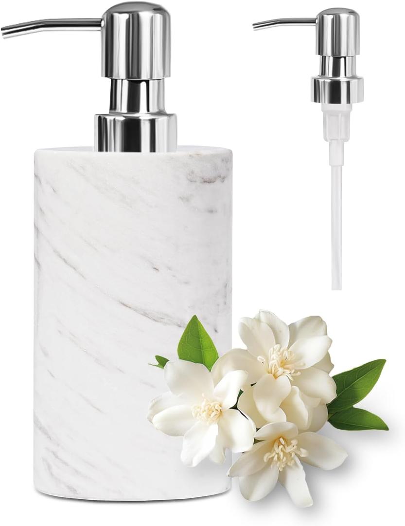 Marble Soap Dispenser with Stainless Steel Pump, White Hand Liquid Soap Dispenser, 6 Ounces for Bathroom (Cylindrical)