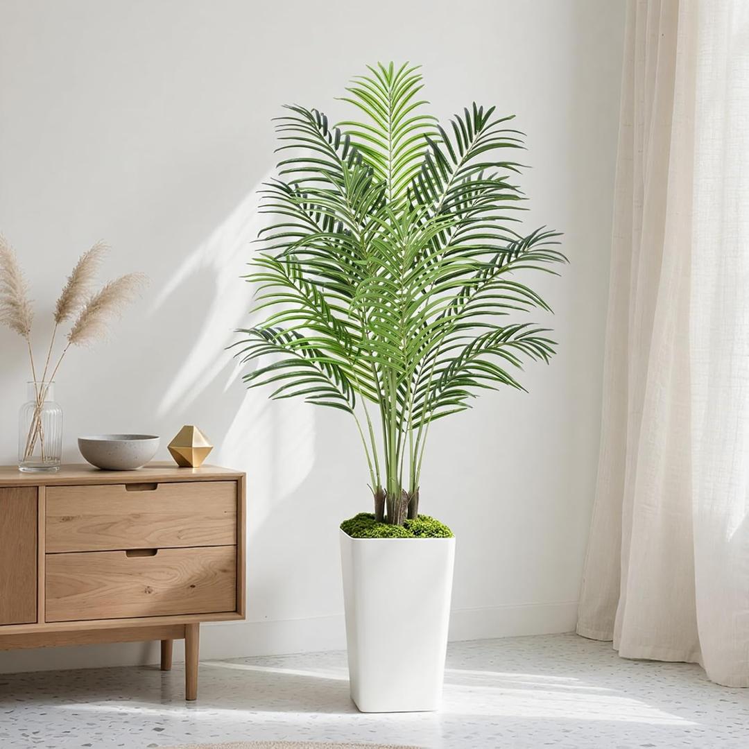 5ft Artificial Palm Tree with White Planter-Tall Artificial Indoor Plants, Fake Tropical Palm Tree, Faux Silk Plants for Home Office Living Room Bedroom Modern Decor