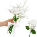 XunYee 16 Pcs Bride Bouquet Set Include 10 White Calla Lily Artificial Flowers 5 Faux Lily of The Valley 1 Groom Boutonniere Pin Bridesmaid Floral Bouquet for Wedding Party Ceremony Anniversary Decor
