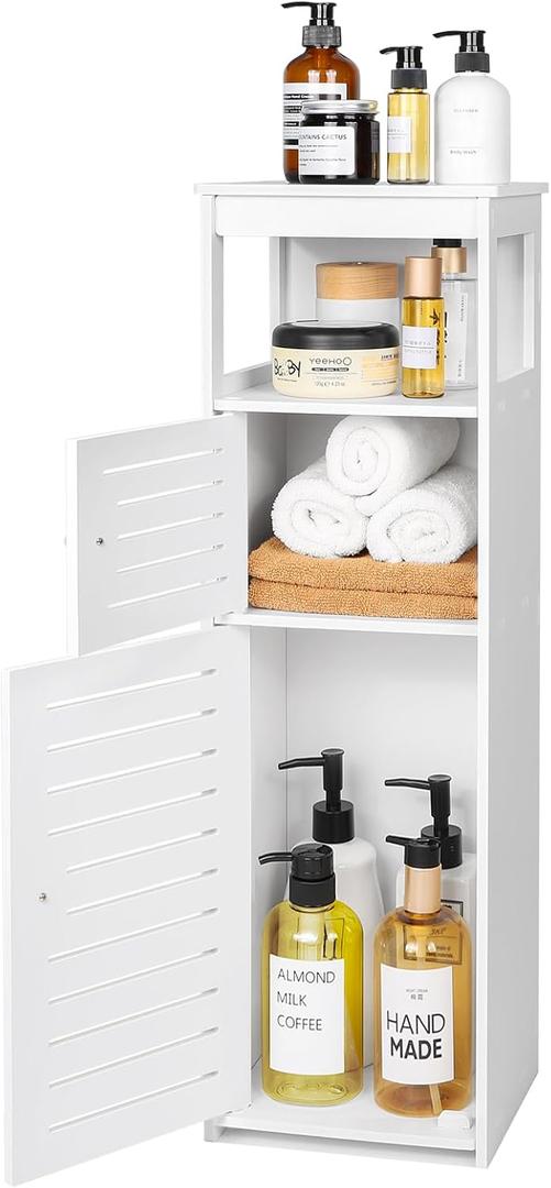 VOGGV Bathroom Storage Cabinet, Bathroom Floor Cabinet Freestanding 1 Doors and Shelves for Home Kitchen, Living Room and Hallway, 29.5 * 8.66 * 7.87in, White