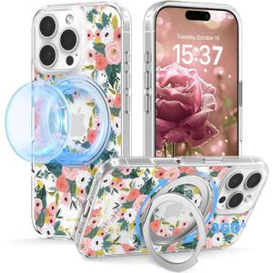 for iPhone 16 Pro Max Case with MagSafe Stand Ring for Women, Cute Spring Floral Design with 360 Kickstand Holder Magnetic Shock Proof Heavy-Duty Protection Pink Flower