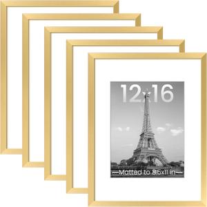 upsimples 12x16 Picture Frame Set of 5, Display Pictures 8.5x11 with Mat or 12 x 16 Without, Wall Gallery Poster Frames, Gold