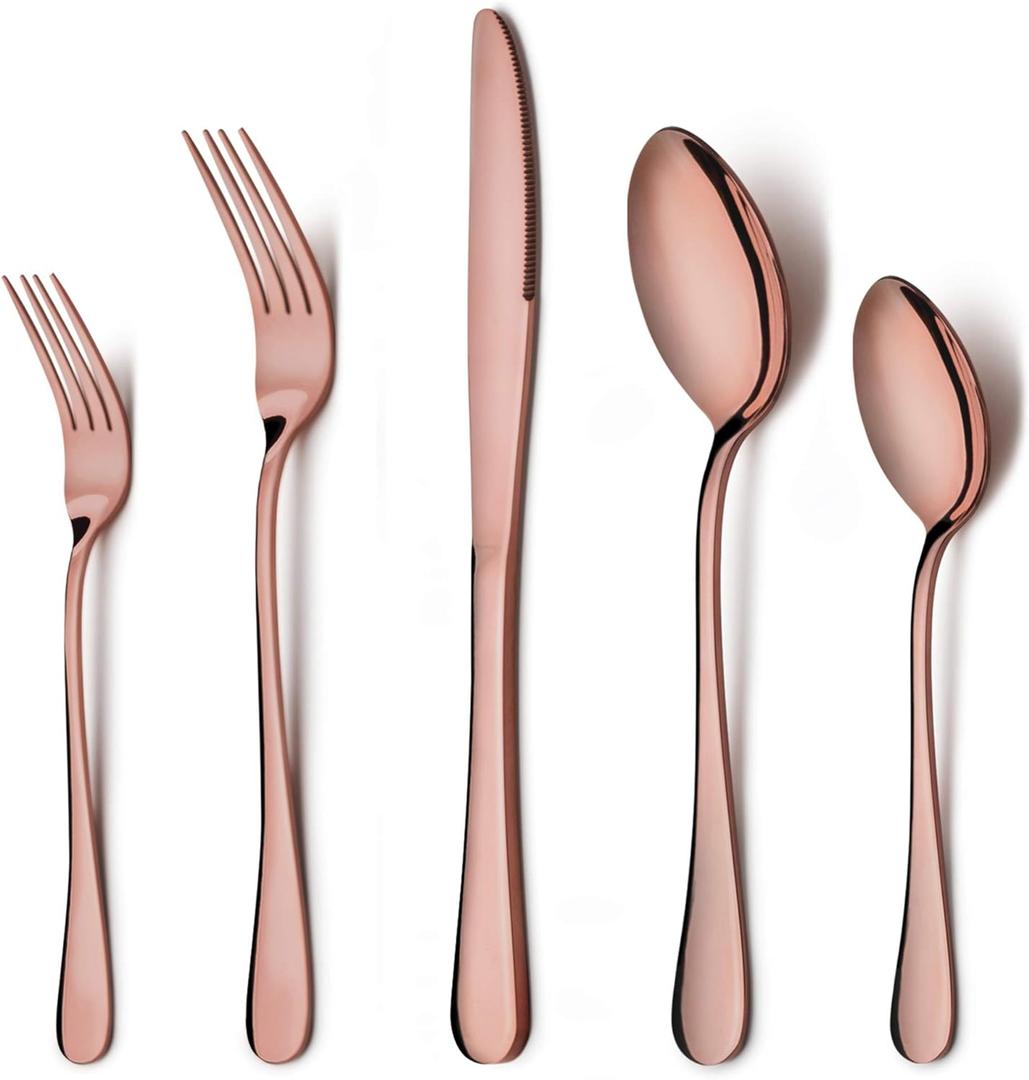 LIANYU Copper Silverware Flatware Set, 20 Piece Stainless Steel Cutlery Set for 4, Mirror Finish, Ideal for Home Hotel Wedding Festival Party, Dishwasher Safe