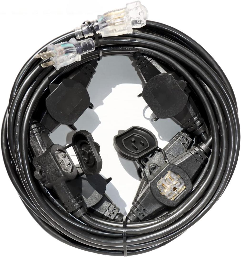 50FT Power Extension Cord - 3 Prong, 14 Gauge SJTW 5-15R Cable with Male Plug to Female Connector, 7 Outlet, Multiple Evenly-Spaced Plugs, Suitable for Stage or Outdoor, UL Certified