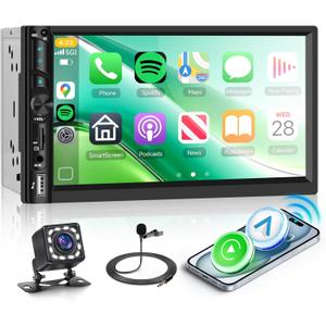 Double Din Car Stereo Radio with Wireless CarPlay Android Auto, 7 Inch HD Touch Screen Car Play Audio Receivers with Bluetooth, HD Backup Camera, FM, Mirror Link, USB/Type C/TF/AUX/SWC