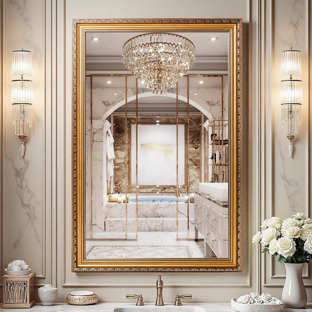 ROLOVE 34x24 Antique Gold Mirror for Wall, Ornate Vintage Wall Decor, Gold Framed Baroque Mirror for Fireplace Mantel, Living Room & Bathroom Vanity, Farmhouse Decor, Horizontal or Vertical