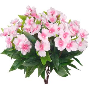 2 Pcs Artificial Impatiens Flowers for Outdoors Silk Flower Outside UV Resistant Fake Flowers Plants Bushes Pink Faux Impatiens for Outdoor Planters Front Porch Patio Garden Balcony Decor