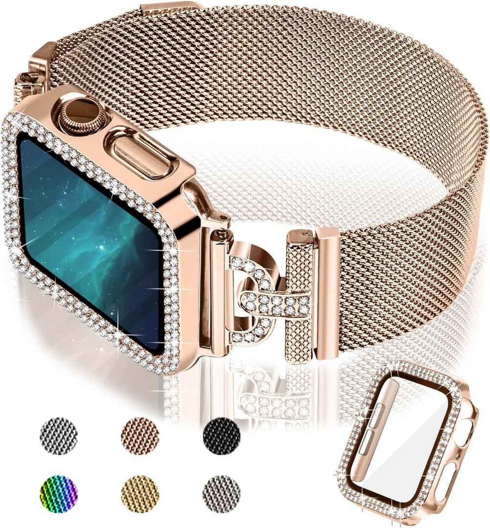 JOYOZY Magnetic Band Compatible with Apple Watch Band 38mm 40mm 41mm 42mm 44mm 45mm 46mm Milanese Strap with Bling Glitter Case Built-in Screen Protector Dressy Stainless Steel iWatch Loop for Women (Rose Gold)