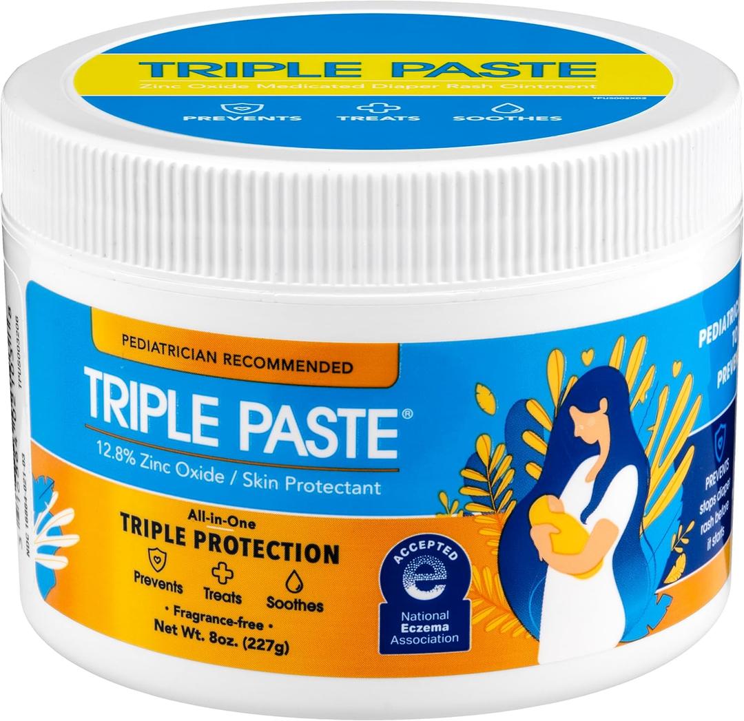 Triple Paste Diaper Rash Cream for Baby - 8 Oz Tub  Zinc Oxide Ointment Treats, Soothes & Prevents Diaper Rash, Pediatrician-Recommended Hypoallergenic Formula, Baby Essentials for Daily & Overnight