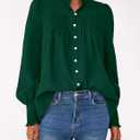 PRETTYGARDEN Fall Lantern Long Sleeve Shirts for Women 2026 Trendy Button Vneck Pullover Henley Tops Dressy Work Blouses (Dark Green,Small) (Green, S)