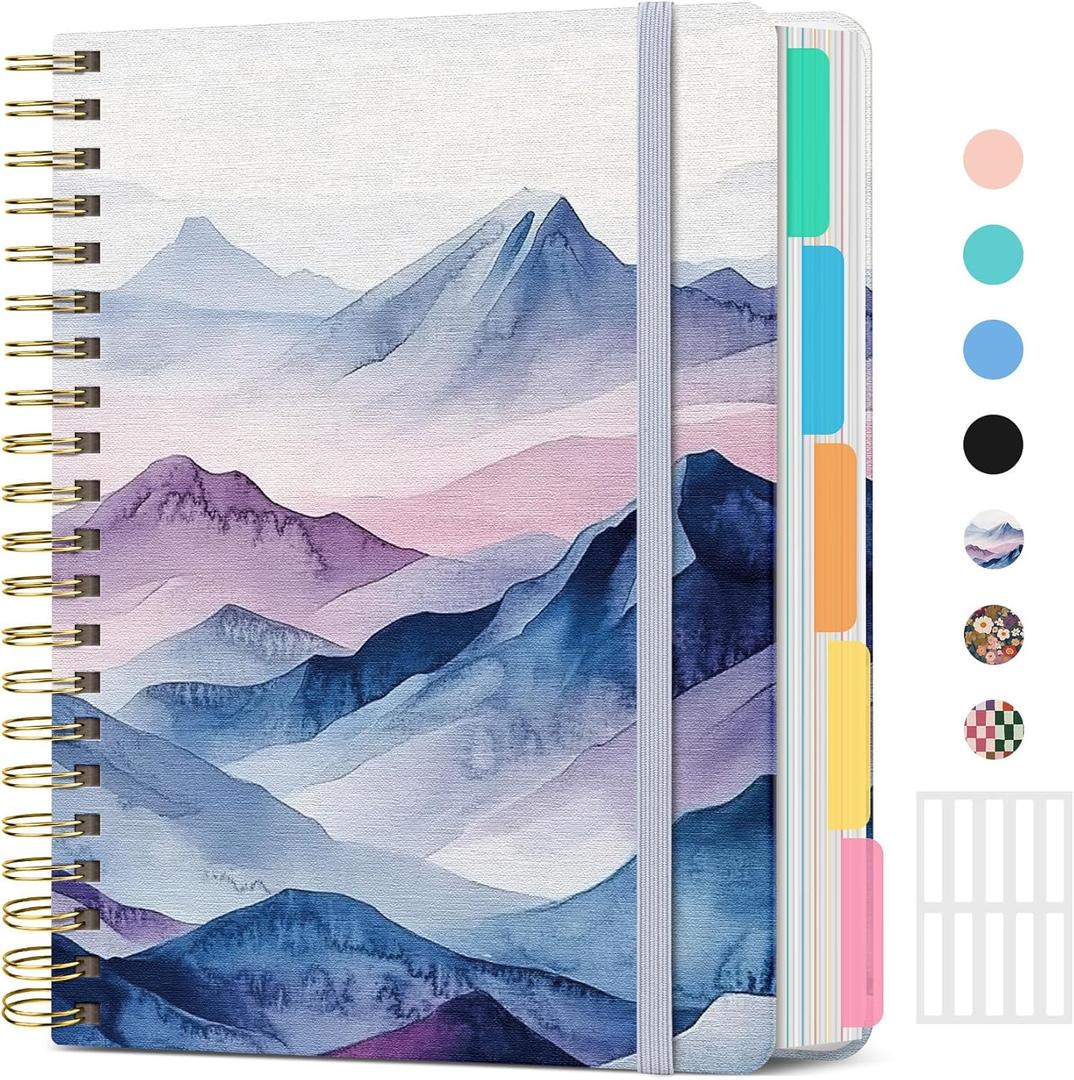 Large Spiral Lined Notebooks for Work With Removable Dividers & Tabs, 8.5"x11" Hardcover 5 Subject Notebook for Note Taking & Organizer, A4 College Ruled Journal for Women & Writing, Distant Peaks, 280 Pages