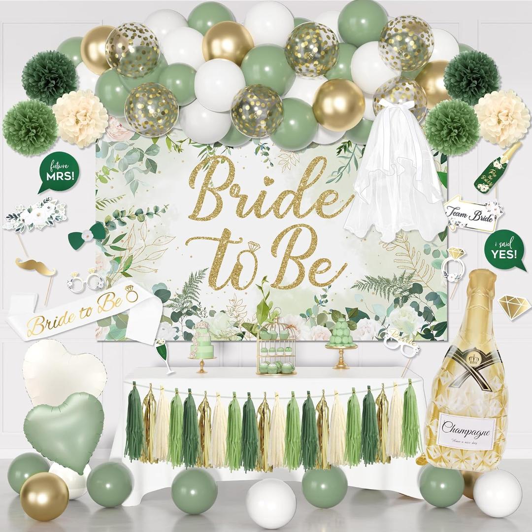 Bridal Shower Decorations, Sage Green Bachelorette Party Decorations Bride to Be Banner Backdrop Sash Veil Confetti Foil Balloons Tassel Paper Pom Poms Photo Props for Engagement Wedding Party Favors (Gold and Green)