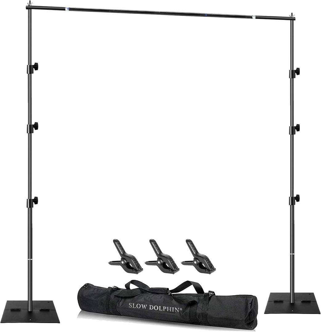 SLOW DOLPHIN Pipe and Drape Photography Backdrop Stand Kit Adjustable Photo Background Stand 10ft x 6ft with Metal Base for Parties Weddings Birthday Party Events Photo Booth