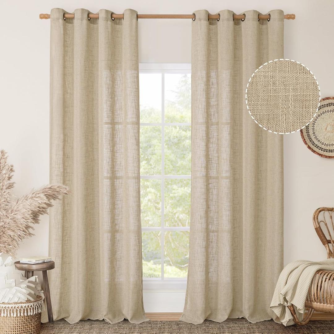 LAMIT 102 Inch Length Light Filtering Sheer Linen Curtains, Linen Textured Semi Sheer Bronze Grommet Natural Boho Drapes for Living Room/Farmhouse, 2 Panels, Brown, 52 x 102 Inch