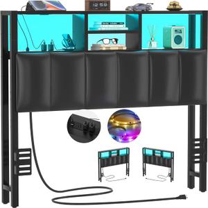 Aheaplus Headboard for Twin Size Bed with Storage, Upholstered Headboards with Outlets, USB Ports and LED Light, Reversible Twin Size Head Board, Height Adjustable, Comfortable Headboard, Black