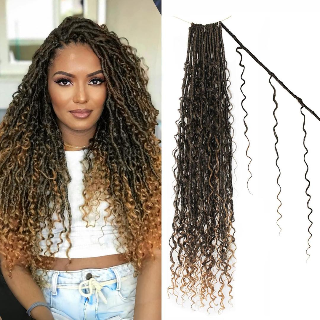 Boho Faux Locs Crochet Hair 24 Inch Goddess Locs 8 Packs Boho Soft Loc Hair with Curly Ends Pre-looped Long Bohemian River Locs Crochet Hair for Black Women(24Inch,T27)