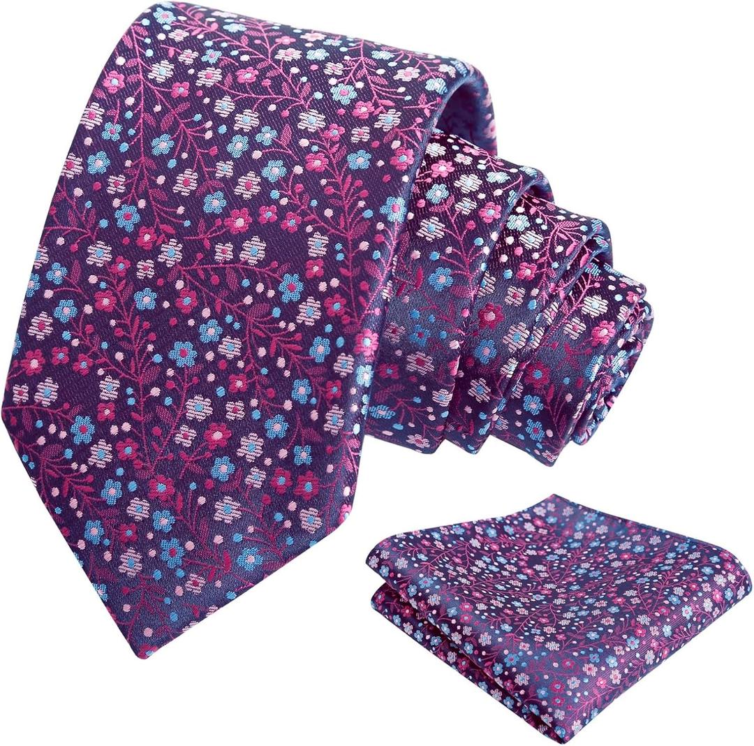 Alizeal Mens 3.15inches Exquisite Floral Tie with Small Flower Printed Pocket Square