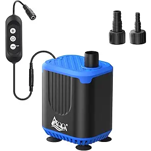 AQQA DC Aquarium Water Pump with Controller,4 Flow Adjustable,Feed Mode,IP68 Submersible Quiet Fish Tank Pump,3 Nozzles for Pond Fountain Statuary Hydroponics Freshwater Saltwater 20W 110V-240V