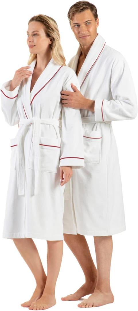Premium Cotton Robes for Women, Lightweight Mens Robe, Unisex Terry Cloth Bathrobe, Soft Shower Spa Robe, 1 Pcs (White-red)