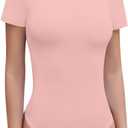 SHEIUGU Women's Crew Neck Short Sleeve Slim Fit T Shirts tops Basic Bodysuit Leotard Clothing(Short Sleeve PinkB, Small)