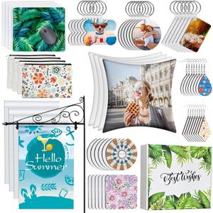 114Pcs Sublimation Blanks Products, Sublimation Blanks Set Including DIY Blank Makeup Bag, Keychain, Earring, Pillow Cover, Mouse Pad, Coaster, Garden Flag for Sublimation Transfer Heat Press Craft
