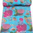 Marubhumi Quilts Indian Handmade, Reversible, Vintage Kantha Quilt, Comforter, Fruit Print Kantha Quilt - Turquoise - King (108 x 108 Inches)