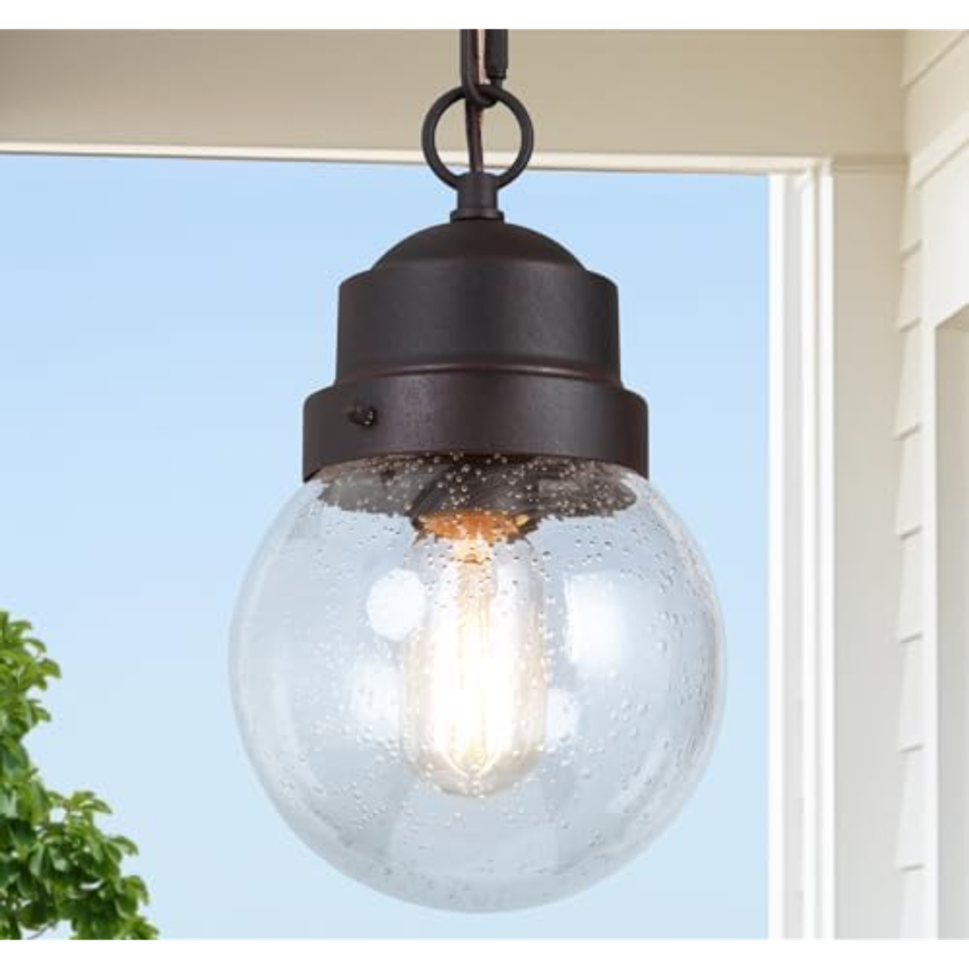 Outdoor Pendant Light Fixture, Farmhouse Exterior Globe Anti-Rust Hanging Lights with Adjustable Chain, Bronze Ceiling Outdoor Lantern Light with Seeded Glass for Front Door, Entry, Porch, and Gazebo