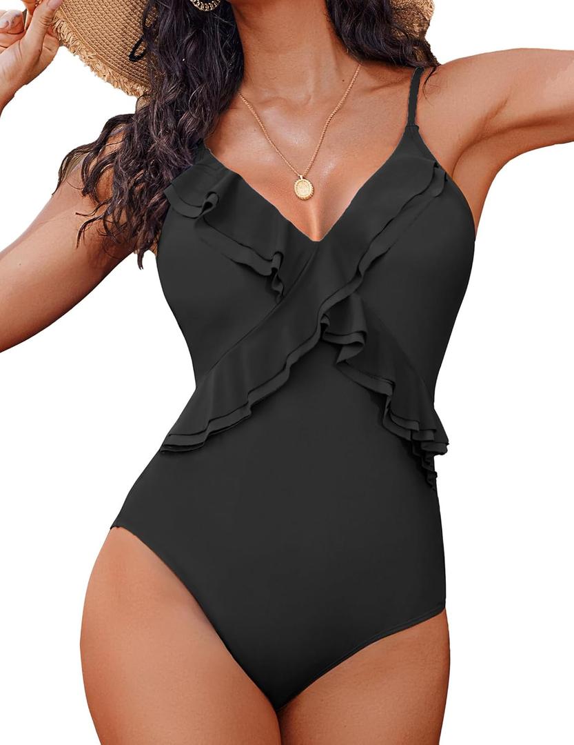 AI'MAGE One Piece Swimsuit for Women Tummy Control Ruffle Bathing Suit V Neck Push Up Swimwear (Large, Black)