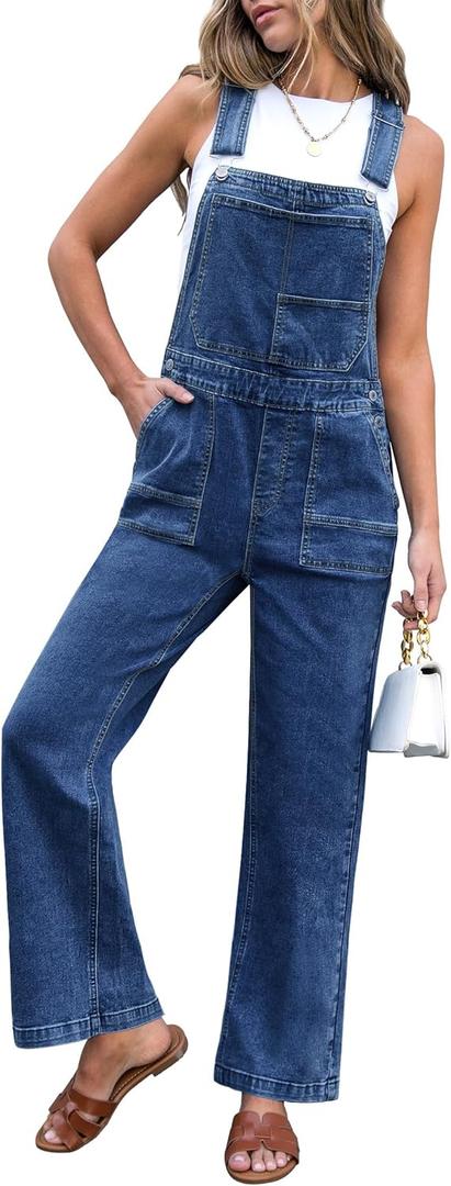 luvamia Jean Overalls for Women Straight Wide Leg Baggy Stretchy Denim Bib Adjustable Strap Casual Jumpsuit Loose Fit (Blue, M)