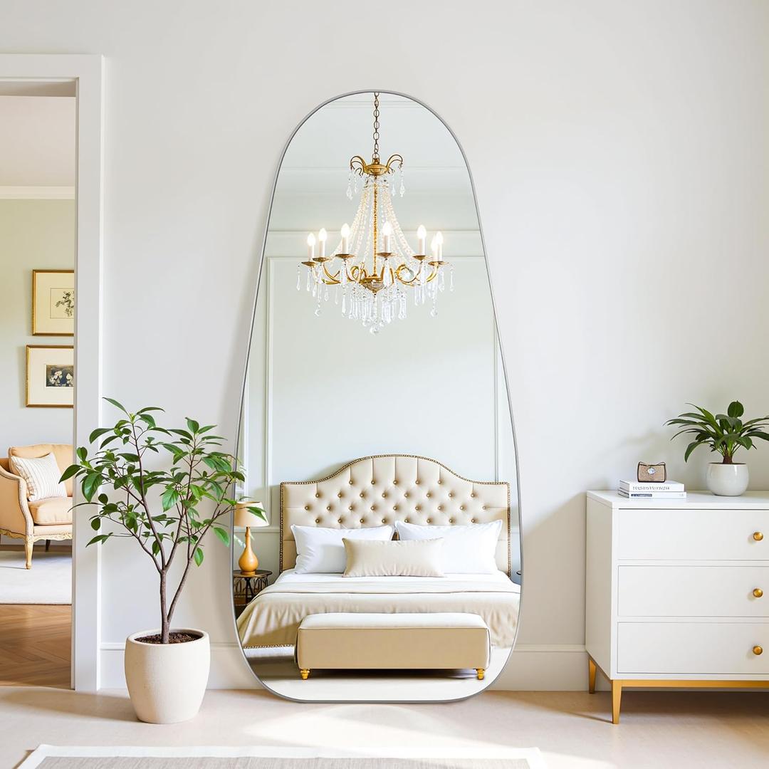Full Length Mirror with Stand, 68"26" Teardrop Shape Floor Mirror, Large Stand Up Mirror, Standing Mirrors Full Length, Against Wall or Wall-Mounted Full Body Mirrors for Bedroom Living Room, Sliver