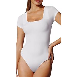 Bodysuits for Women Tummy Control Short Sleeve Square Neck Bodysuit Women's Slimming Basic Body Suit Tops S