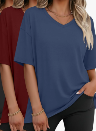 2 Pack Women's Oversized Shirts V Neck Half Sleeve Tops Workout Casual Basic Loose Sweatshirts Gym Clothes, Red and Blue, XXL