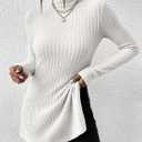 SOLY HUX Women's Long Sleeve Tops Casual Basic Turtle Neck Split Hem T-Shirts Fitted Tees (White, M)
